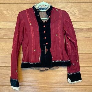 Antique floral embroidered red folk button front long sleeve blouse